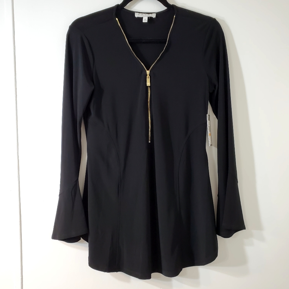 Womens Tunic Blouse Black Long Sleeve Top with Gold Zipper Small